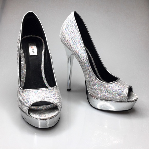 silver glitter platform heels